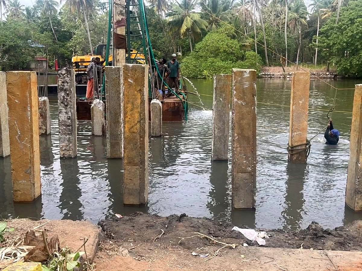 Rows of granite piles standing in the backwater for bank protection